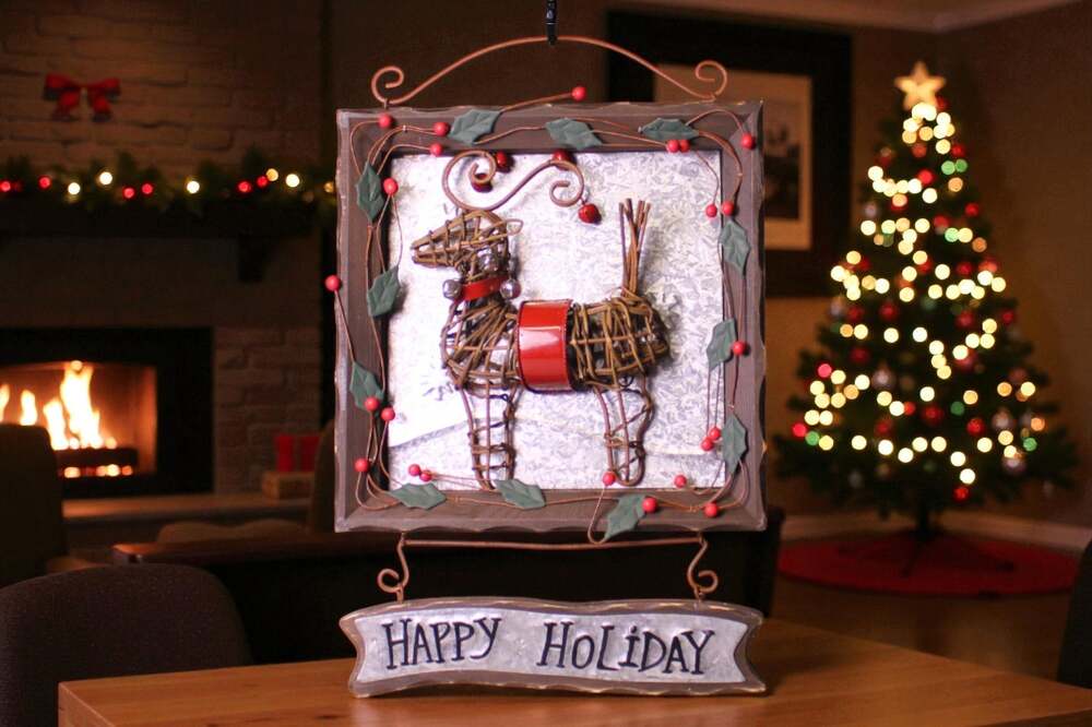 Rustic Twig Reindeer Happy Holiday Metal Wall Hanging Christmas Decoration